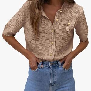 Classic Beige Lady Coat Cardigan Short Sleeve Button-Up Top